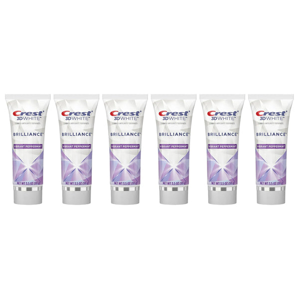 Six tubes of Crest 3D White Brilliance Toothpaste Vibrant Peppermint, 3.5oz each, are displayed in a row, highlighting the enamel-safe whitening formula that removes surface stains for a brighter smile.